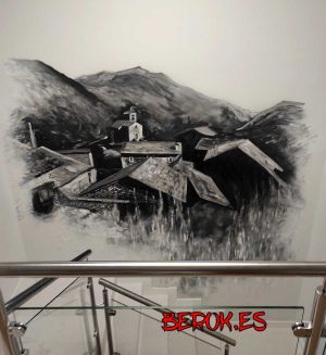 Pintura Mural Casas Pueblo Blanco Y Negro 300x100000